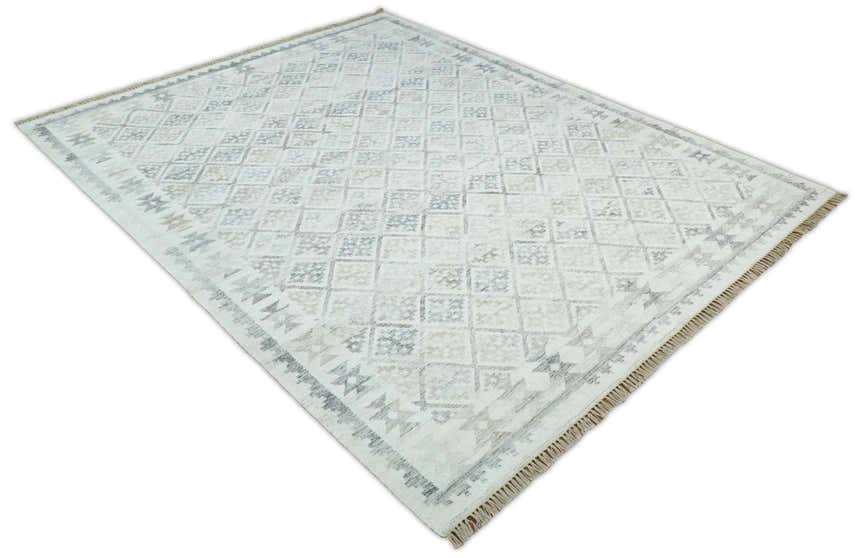Ivory and Gray Modern Geometrical Hand Woven Wool Rug
