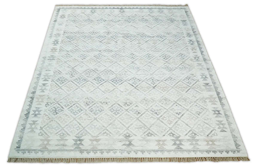 Ivory and Gray Modern Geometrical Hand Woven Wool Rug