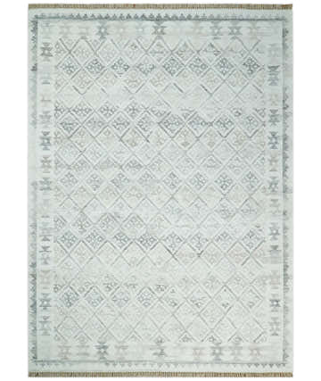 Ivory and Gray Modern Geometrical Hand Woven Wool Rug