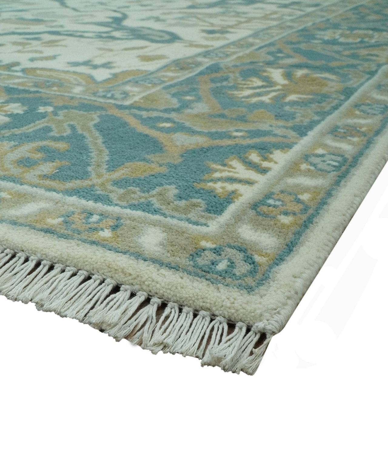 Ivory and Teal Hand Knotted Traditional Oriental Oushak Multi size wool area rug