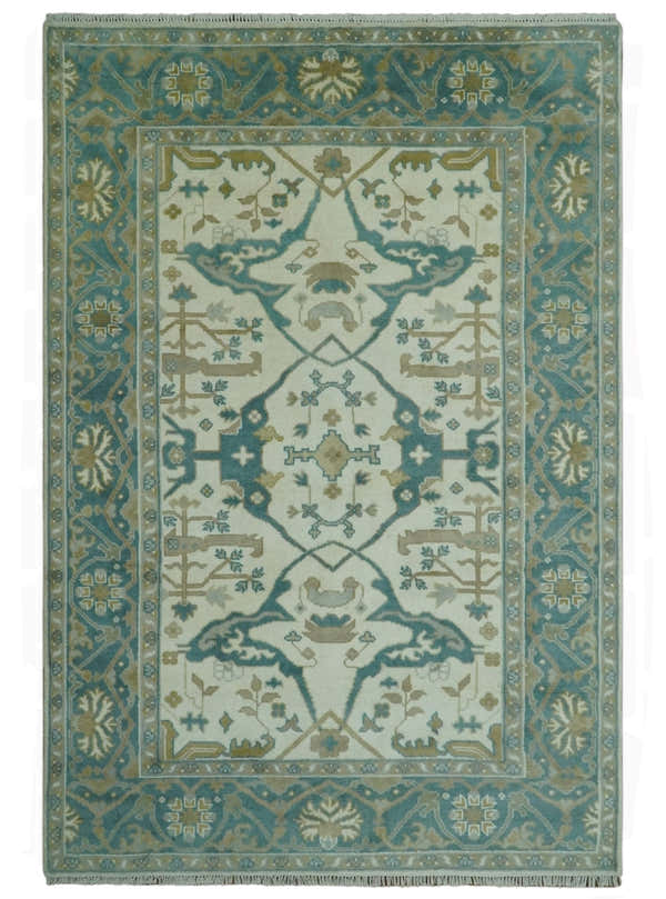Ivory and Teal Hand Knotted Traditional Oriental Oushak Multi size wool area rug