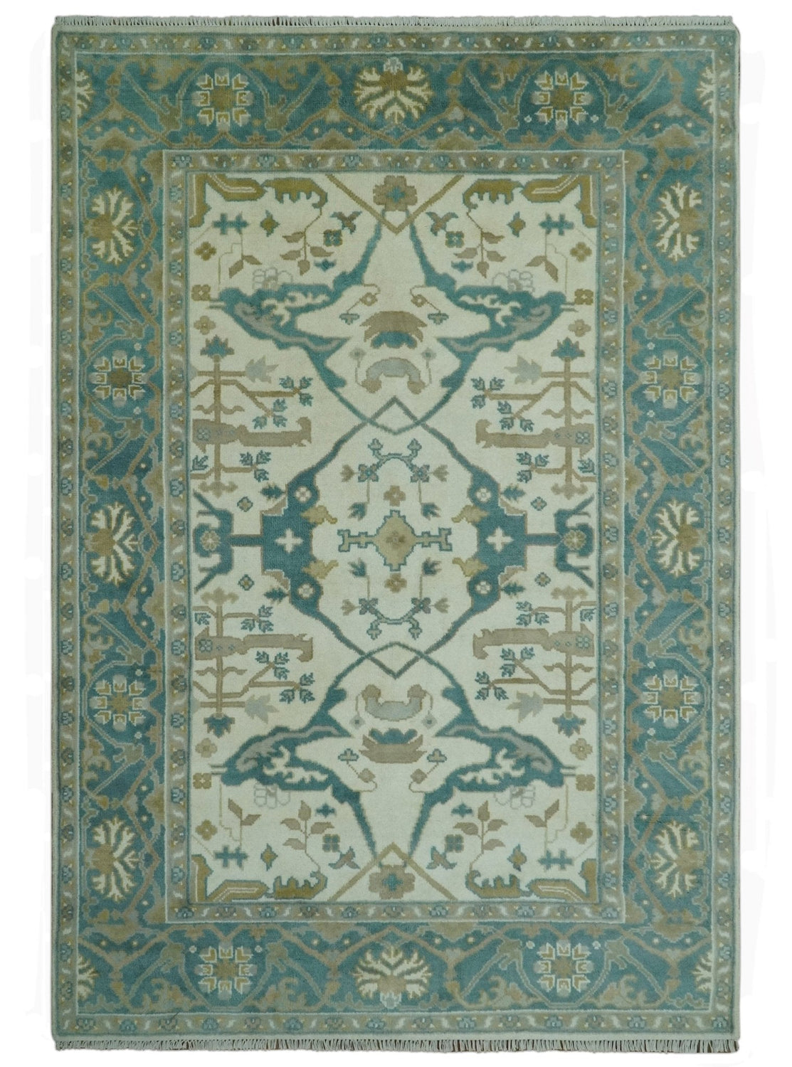 Ivory and Teal Hand Knotted Traditional Oriental Oushak Multi size wool area rug