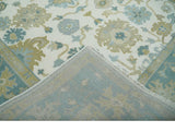 Ivory, Blue and Beige Floral Oushak Hand Knotted Traditional Turkish Inspired Custom Made Wool Area Rug