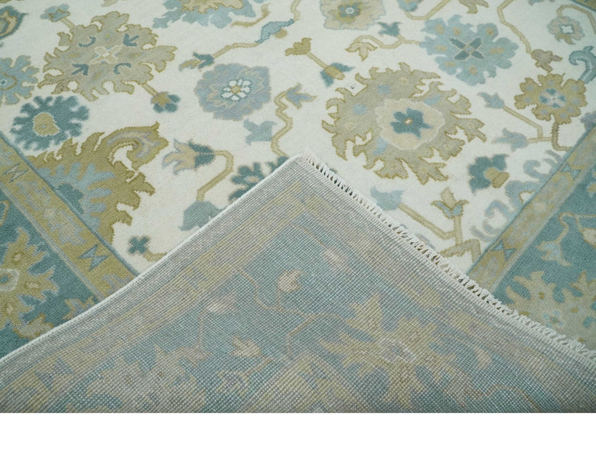 Ivory, Blue and Beige Floral Oushak Hand Knotted Traditional Turkish Inspired Custom Made Wool Area Rug