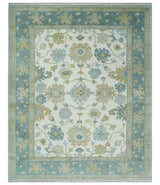 Ivory, Blue and Beige Floral Oushak Hand Knotted Traditional Turkish Inspired Custom Made Wool Area Rug
