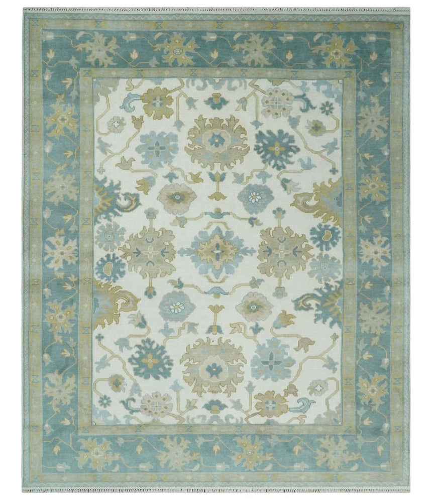 Ivory, Blue and Beige Floral Oushak Hand Knotted Traditional Turkish Inspired Custom Made Wool Area Rug