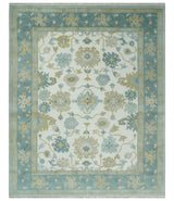Ivory, Blue and Beige Floral Oushak Hand Knotted Traditional Turkish Inspired Custom Made Wool Area Rug