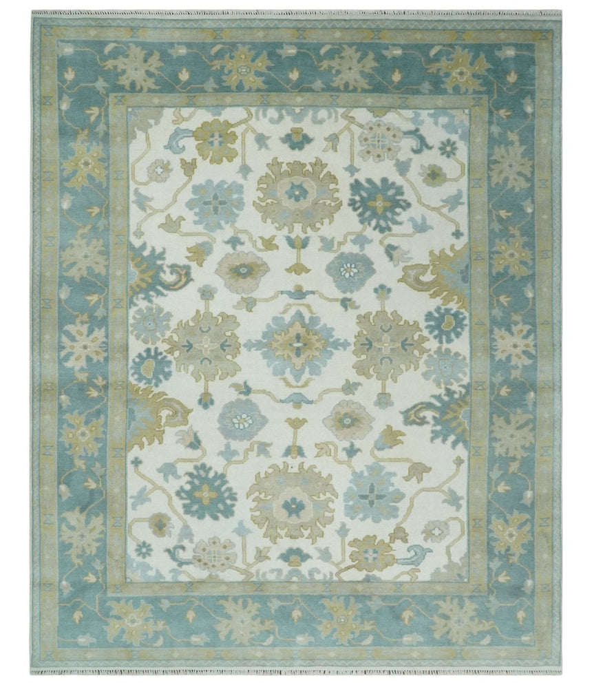 Ivory, Blue and Beige Floral Oushak Hand Knotted Traditional Turkish Inspired Custom Made Wool Area Rug