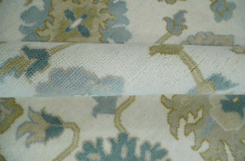 Ivory, Blue and Beige Floral Oushak Hand Knotted Traditional Turkish Inspired Custom Made Wool Area Rug