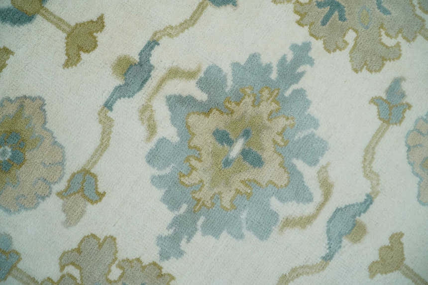 Ivory, Blue and Beige Floral Oushak Hand Knotted Traditional Turkish Inspired Custom Made Wool Area Rug