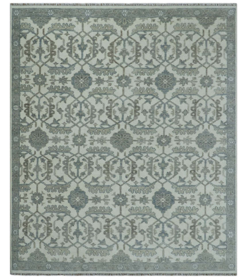 Ivory, Blue and Beige Hand knotted Traditional Large Design Multi Size wool Area Rug