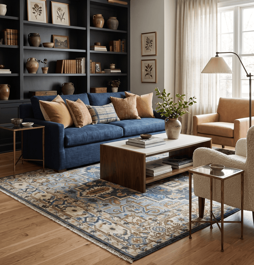 Ivory, Blue, Rust and Beige Hand knotted Traditional Heriz wool Area Rug