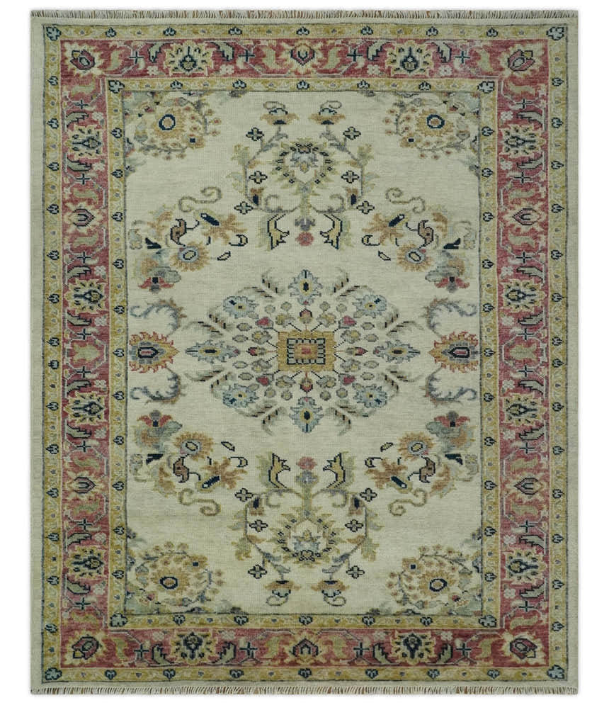 Ivory, Brown, Olive and Charcoal Traditional Heriz Medallion Custom Made Wool Area Rug