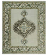 Ivory, Green and Beige Traditional Medallion Hand knotted Multi Size wool Area Rug