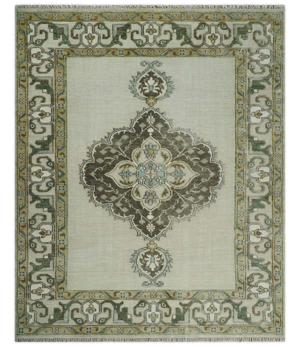 Ivory, Green and Beige Traditional Medallion Hand knotted Multi Size wool Area Rug