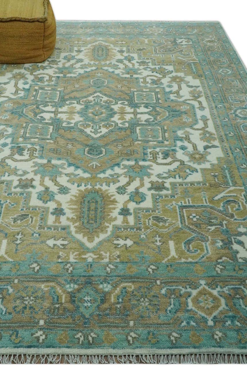 Ivory, Olive and Teal Hand Knotted Traditional Heriz Custom Made wool area rug