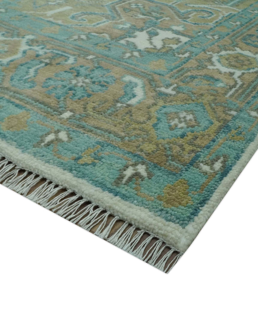 Ivory, Olive and Teal Hand Knotted Traditional Heriz Custom Made wool area rug