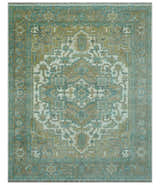 Ivory, Olive and Teal Hand Knotted Traditional Heriz Custom Made wool area rug