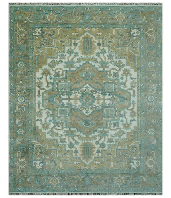 Ivory, Olive and Teal Hand Knotted Traditional Heriz Custom Made wool area rug