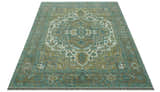Ivory, Olive and Teal Hand Knotted Traditional Heriz Custom Made wool area rug