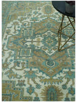 Ivory, Olive and Teal Hand Knotted Traditional Heriz Custom Made wool area rug