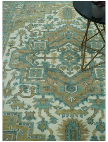 Ivory, Olive and Teal Hand Knotted Traditional Heriz Custom Made wool area rug