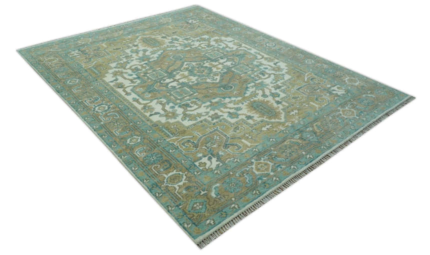 Ivory, Olive and Teal Hand Knotted Traditional Heriz Custom Made wool area rug