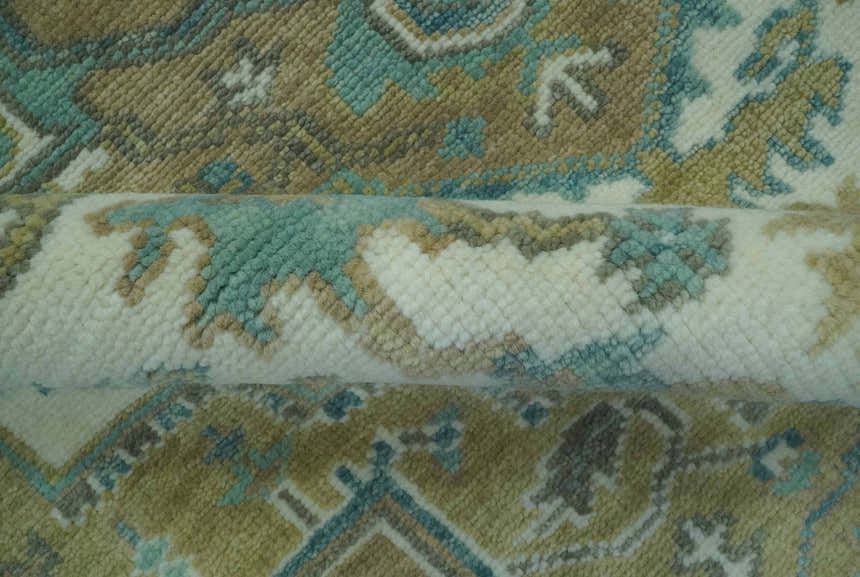 Ivory, Olive and Teal Hand Knotted Traditional Heriz Custom Made wool area rug