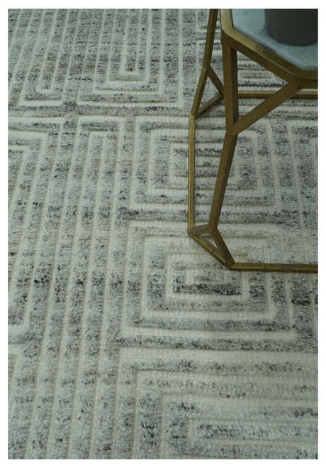 Ivory, Silver and Charcoal Modern Geometrical Puzzle Design hand knotted Custom Made wool Area Rug