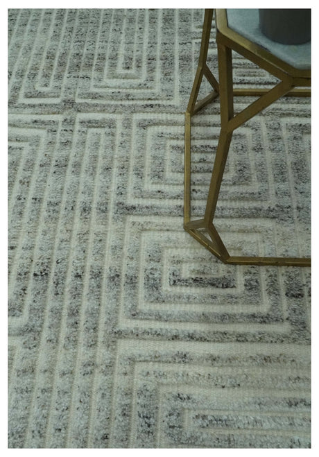Ivory, Silver and Charcoal Modern Geometrical Puzzle Design hand knotted Custom Made wool Area Rug