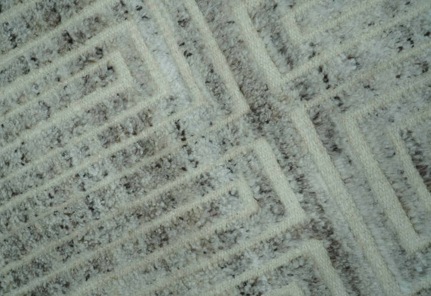 Ivory, Silver and Charcoal Modern Geometrical Puzzle Design hand knotted Custom Made wool Area Rug