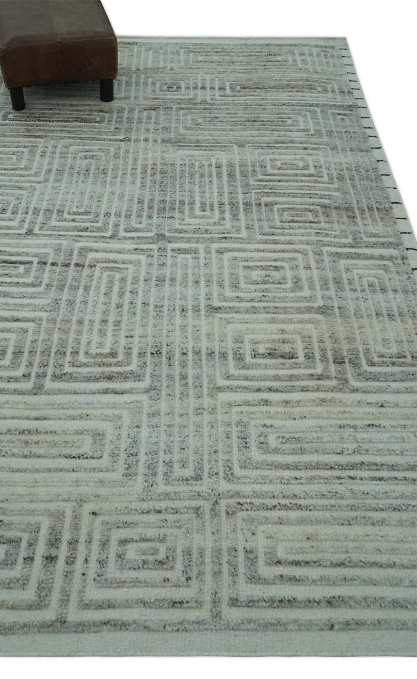Ivory, Silver and Charcoal Modern Geometrical Puzzle Design hand knotted Custom Made wool Area Rug