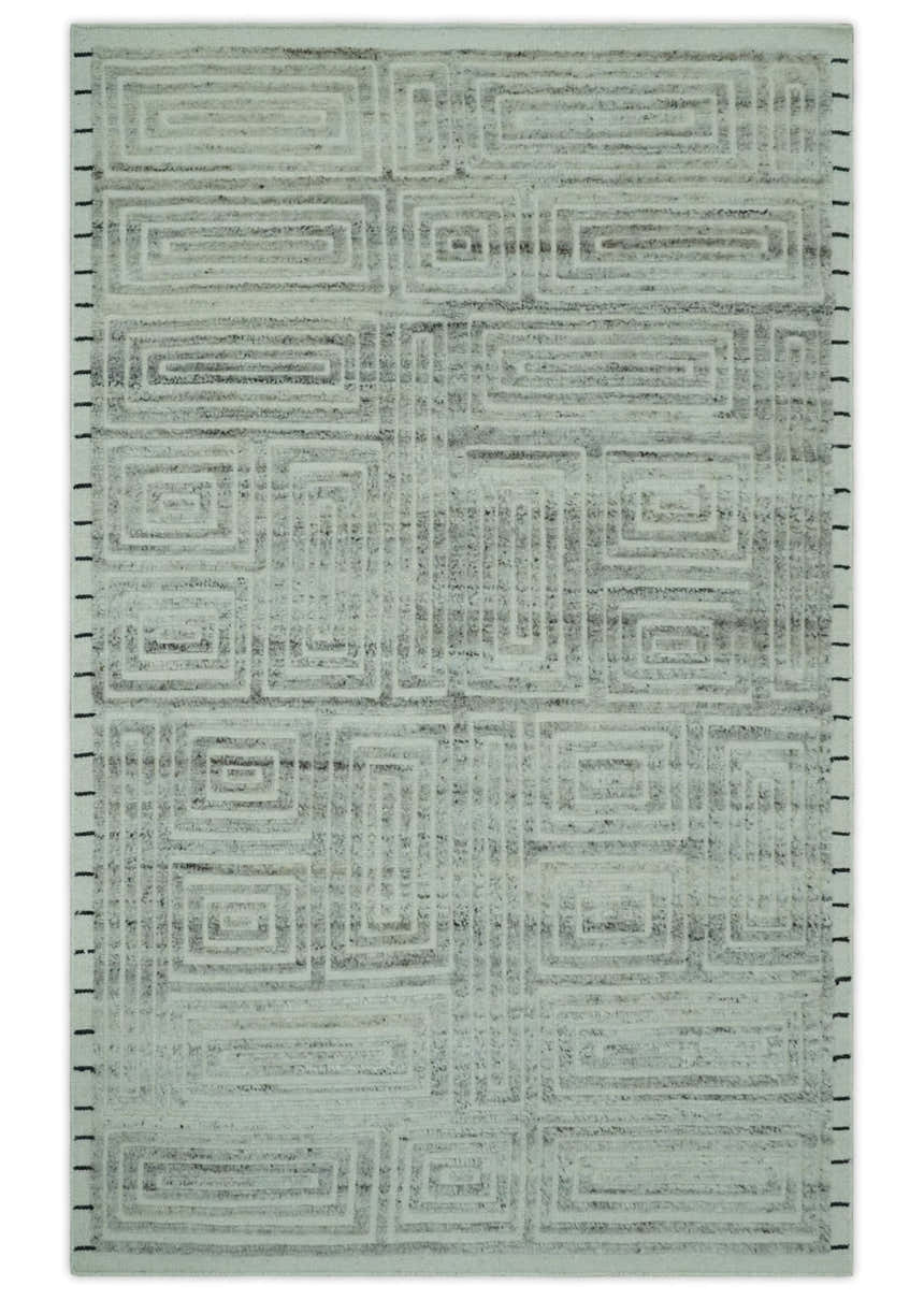 Ivory, Silver and Charcoal Modern Geometrical Puzzle Design hand knotted Custom Made wool Area Rug