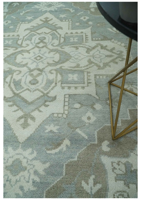 Ivory, Silver and Olive Traditional Heriz Medallion Hand Knotted Multi Size wool Area Rug