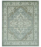 Ivory, Silver and Olive Traditional Heriz Medallion Hand Knotted Multi Size wool Area Rug
