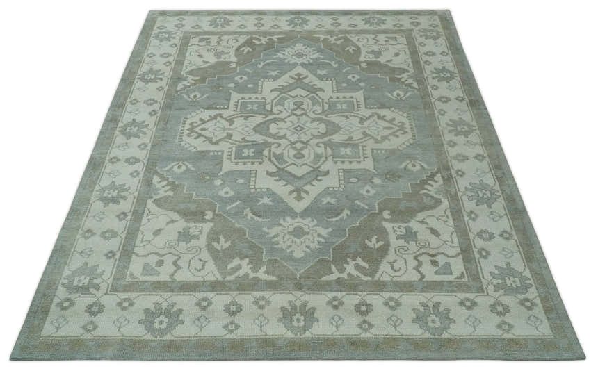 Ivory, Silver and Olive Traditional Heriz Medallion Hand Knotted Multi Size wool Area Rug