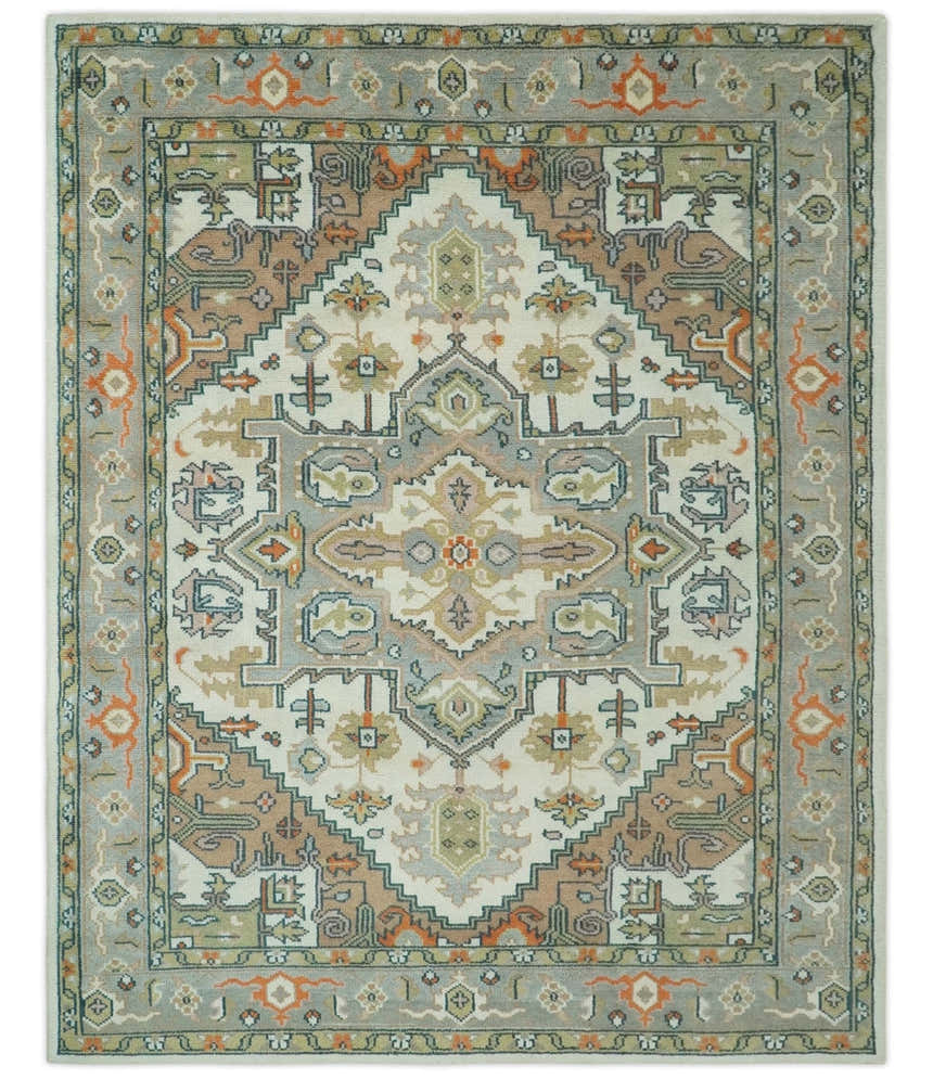 Ivory, Silver, Peach and Olive Traditional Heriz Hand Knotted Multi Size wool Area Rug