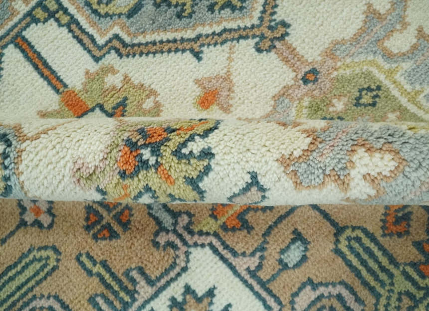 Ivory, Silver, Peach and Olive Traditional Heriz Hand Knotted Multi Size wool Area Rug