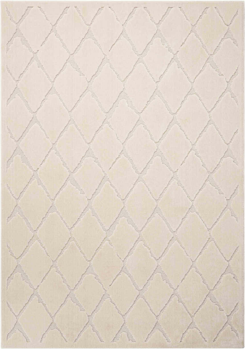 Close-up of the Michael Amini Gleam Ivory rug, featuring a diamond pattern in soft ivory and chestnut hues. Mid-Century Modern style.