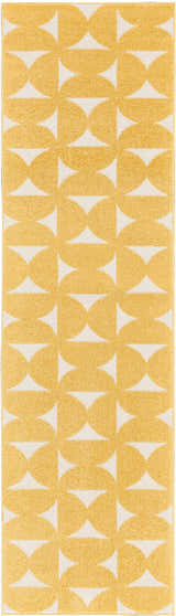 Close-up of Nourison Harper Yellow rug featuring a geometric pattern of yellow semi-circles and white triangles.