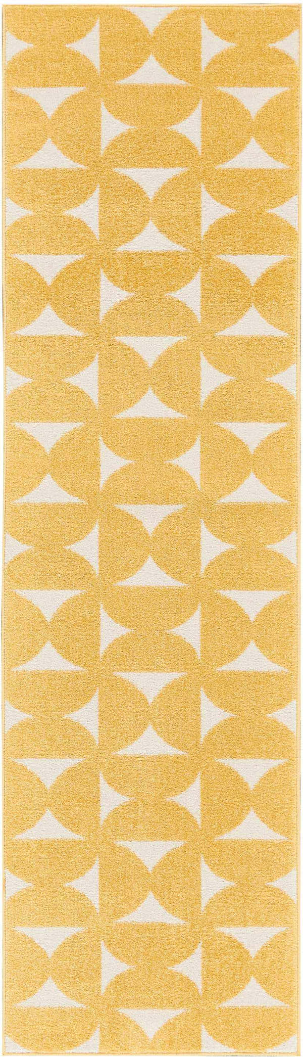 Close-up of Nourison Harper Yellow rug featuring a geometric pattern of yellow semi-circles and white triangles.