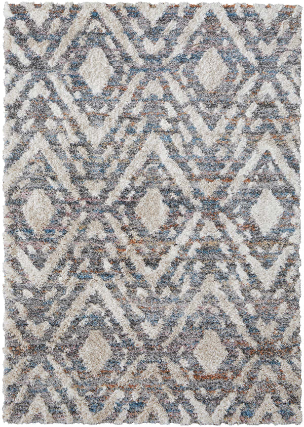 Close-up of the Feizy Mynka Transitional Diamond Area Rug. Ivory, gray, and taupe diamond pattern with a soft, textured pile. Design-Rectangle