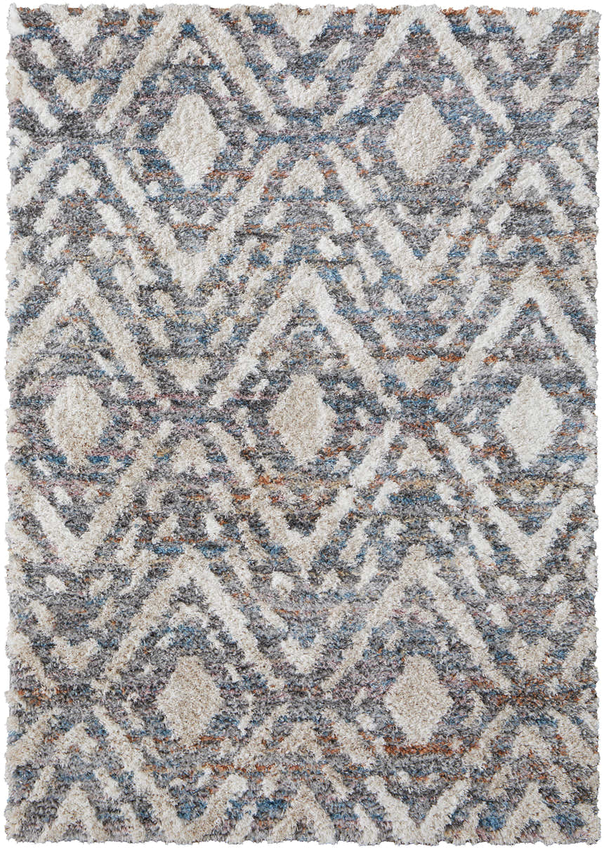 Close-up of the Feizy Mynka Transitional Diamond Area Rug. Ivory, gray, and taupe diamond pattern with a soft, textured pile. Design-Rectangle