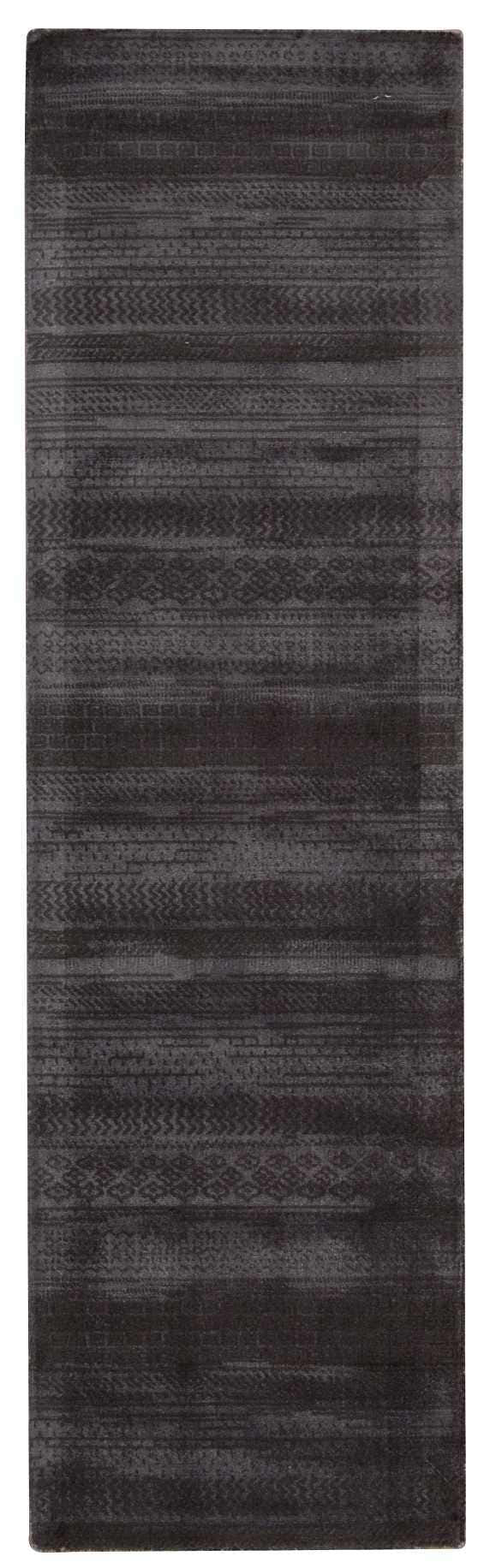 Close-up of a Calvin Klein Home Maya Wineberry runner rug featuring horizontal stripes and subtle geometric patterns.