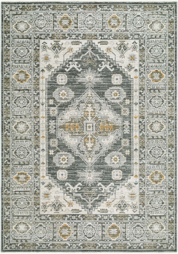 Close-up of the Kenelm Area Rug. Machine-woven polyester rug in charcoal, light gray, mustard, off white, and olive. Design-Rectangle-679