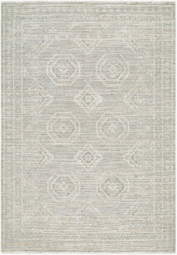 Close-up of the Fujiye Area Rug. Machine-woven polyester rug in beige, light gray, and off-white with a traditional pattern. Design-Rectangle-679