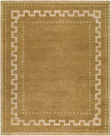 Close-up of hand-knotted Chinantla Area Rug in sandstone and ivory. Features a geometric Greek key border. 100% NZ Wool. Design-Rectangle-810
