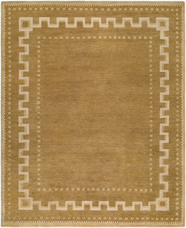 Close-up of hand-knotted Chinantla Area Rug in sandstone and ivory. Features a geometric Greek key border. 100% NZ Wool. Design-Rectangle-810
