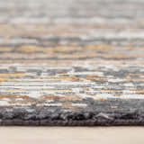 Close up of Rizzy JAS734 area rug showing abstract pattern, beige, dark red, gray, ivory, and rust colors. Pile