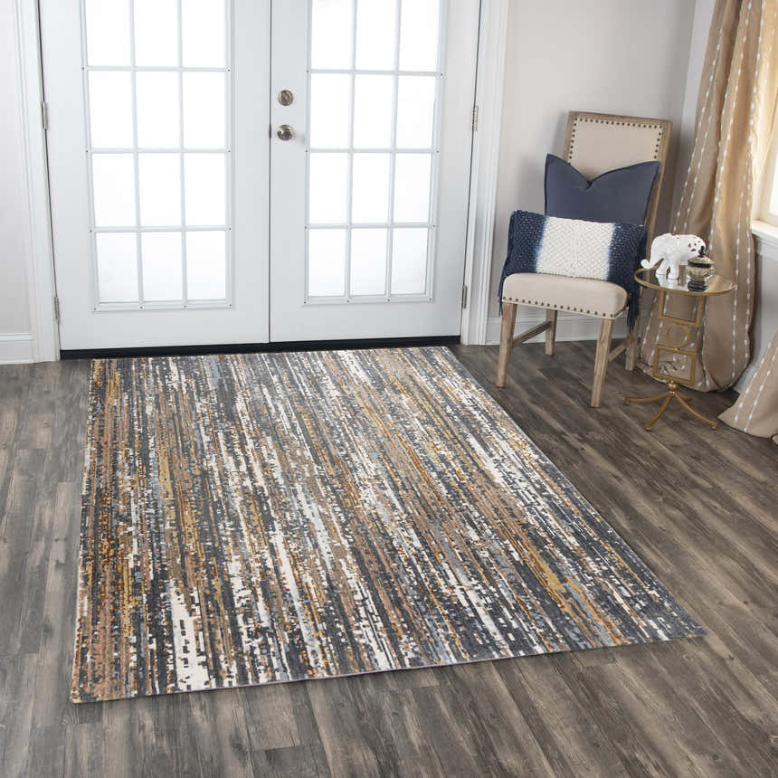 Entryway with Rizzy JAS734 area rug in beige, dark red, gray, ivory, and rust. Abstract rug on dark wood floor. Roomscene-Rectangle